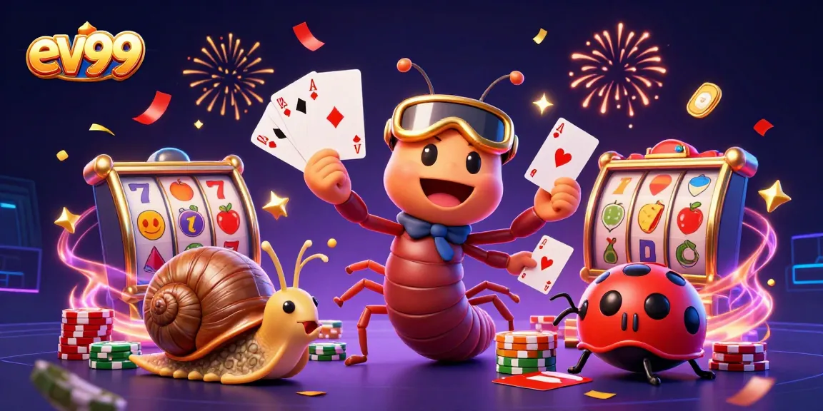Experience the excitement of ev99 with a unique casino scene featuring vibrant characters and slot reels.