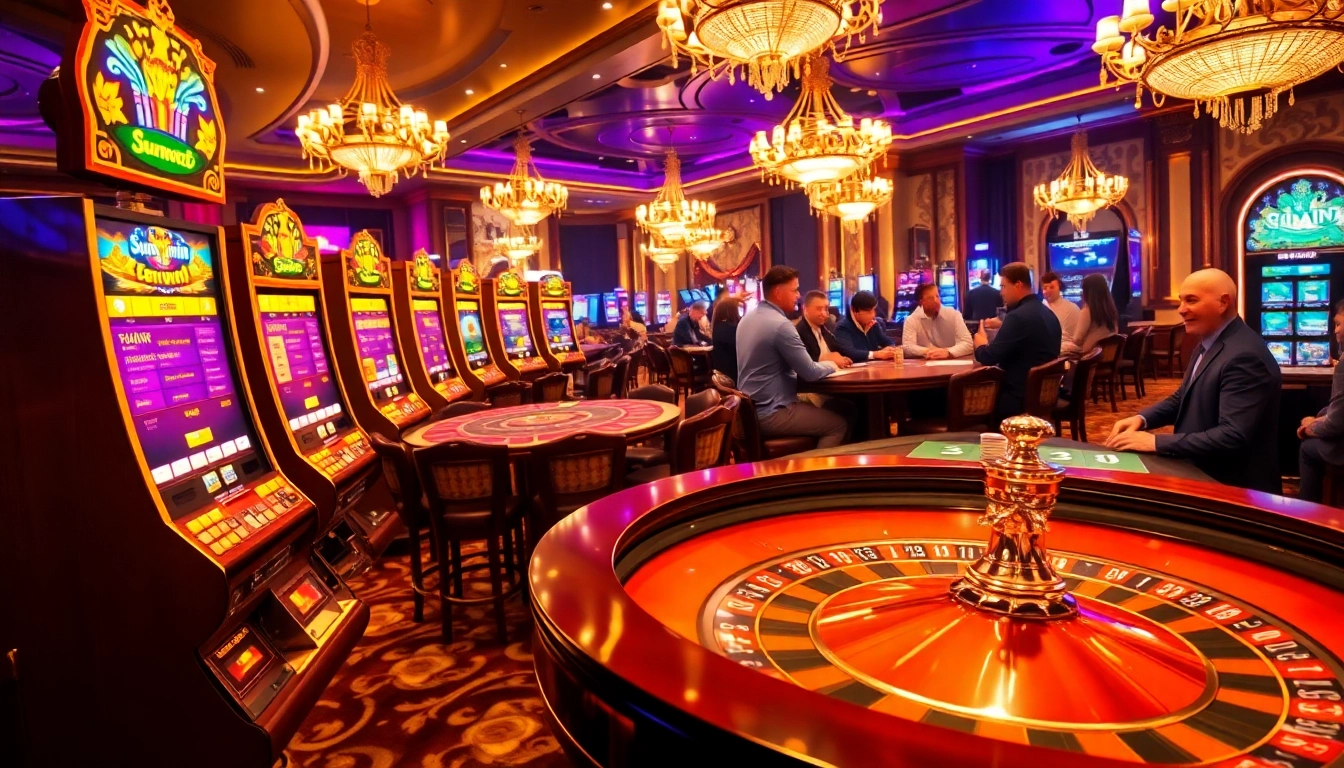 Sunwin casino scene featuring vibrant slots, elegant tables, and thrilling gameplay.