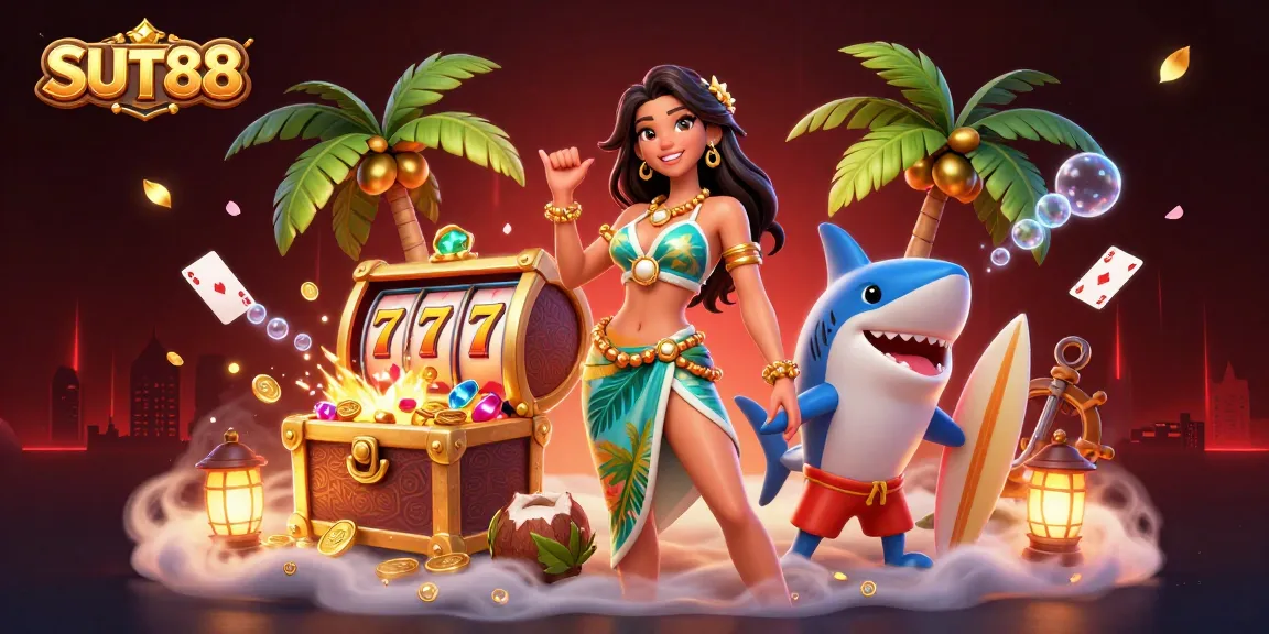 SUT88 captures a thrilling online casino experience with a glamorous beach goddess and a surfing shark.