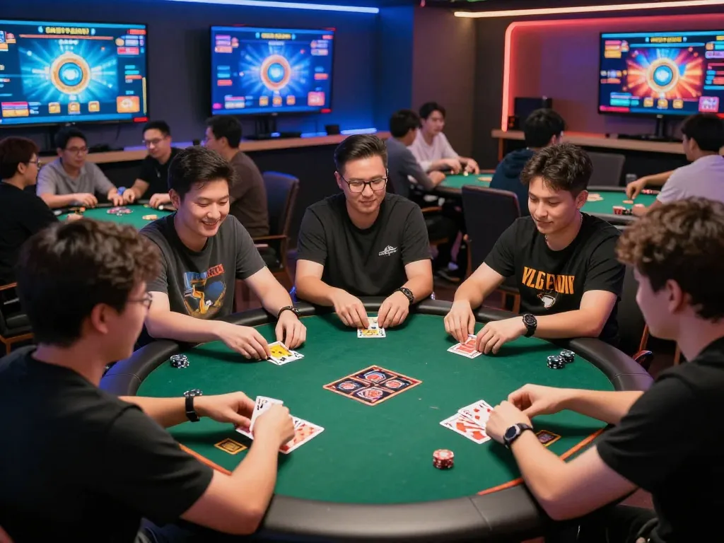 Engaging players enjoying Game bài in an exciting online gaming lounge atmosphere.