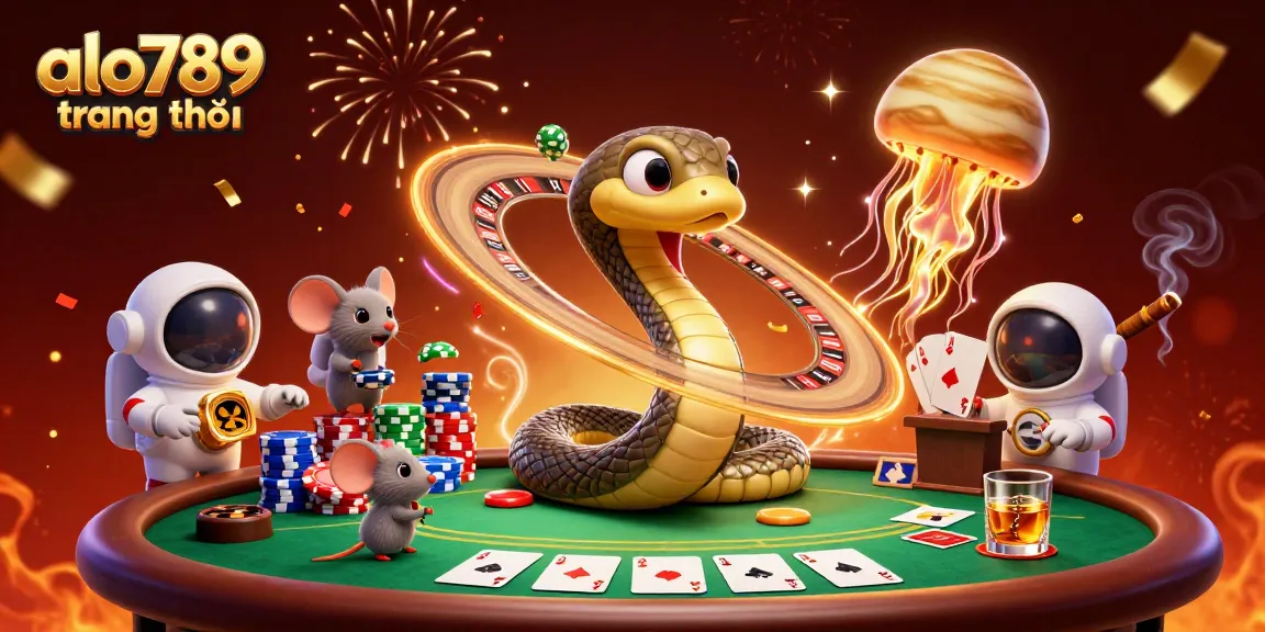 Engage in thrilling bets at alo789 trang chủ with 3D cartoon characters navigating a cosmic gambling scene.