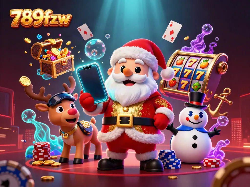 Engage in exciting slots and jackpots at 789fzw with Santa and friends in a vibrant casino scene.