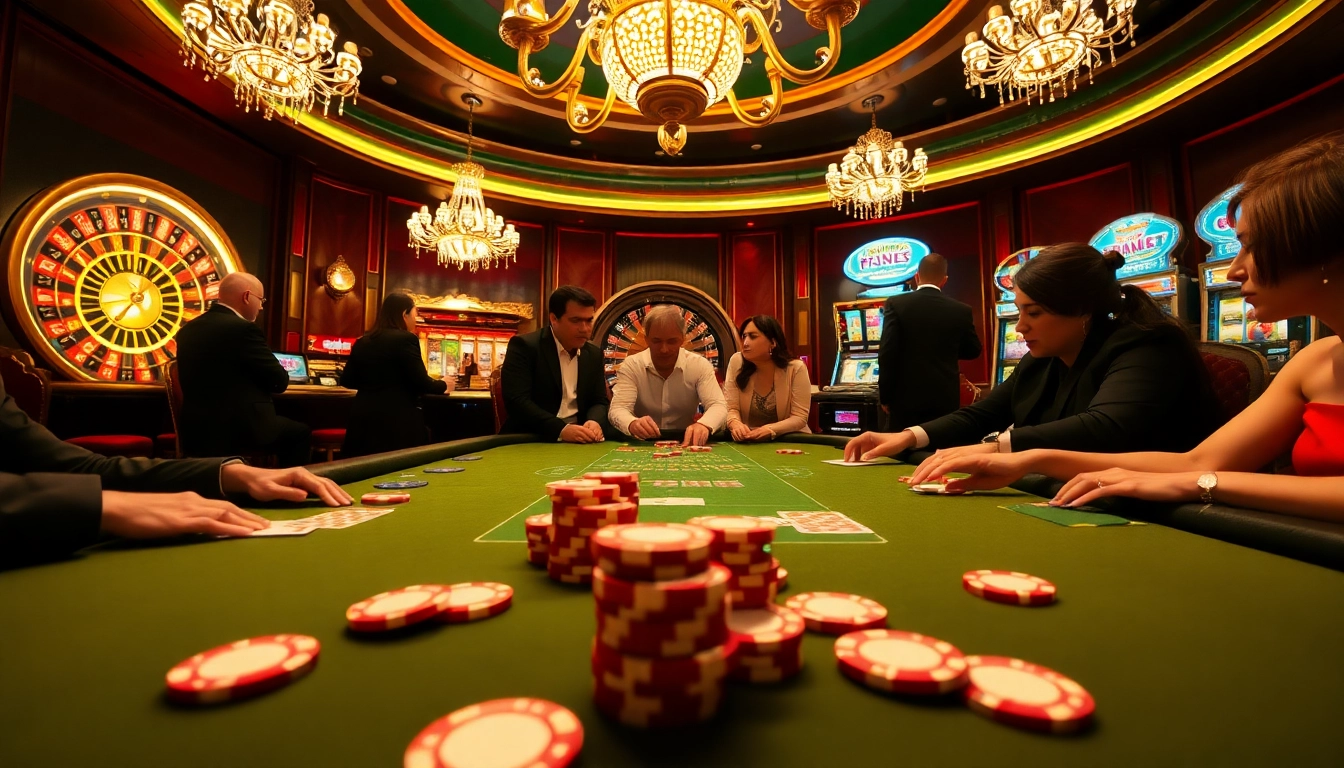Players engaging in an MB66 table game, showcasing vibrant poker chips and cards in a luxurious casino.
