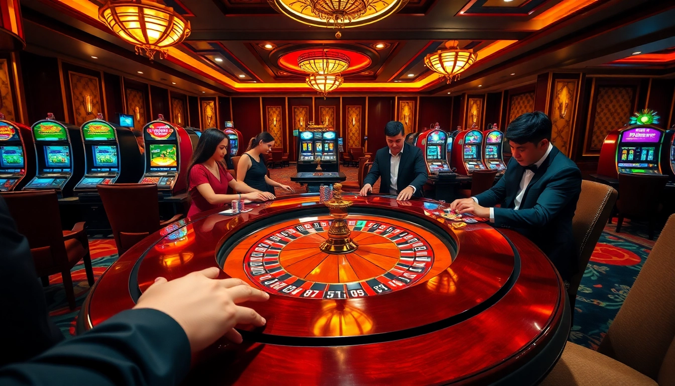 Exciting gameplay at RR88 casino with players at the roulette table and vibrant slot machines.
