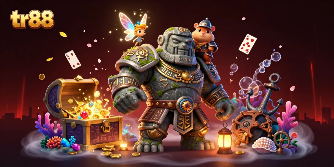 Experience thrilling gaming action at tr88 with a lively scene featuring a golem, fairy, and hamster knight.