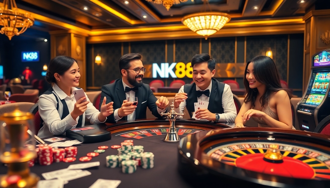 Experience the thrill of online gaming at NK88 with a vibrant casino scene featuring poker chips and roulette.