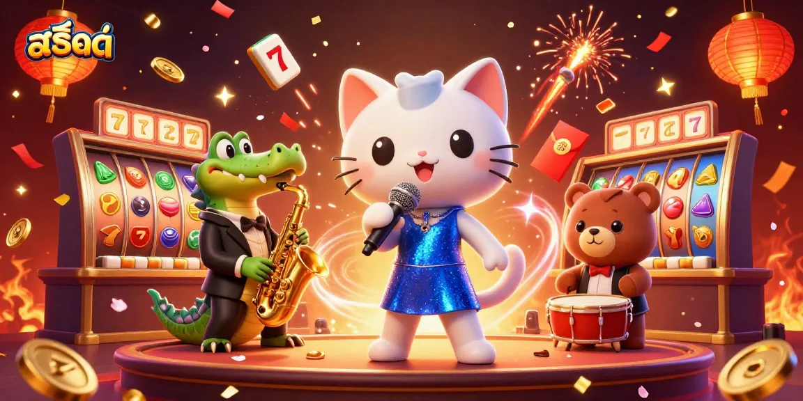 Engage in สล็อต excitement with a lively 3D scene featuring animated casino characters and vibrant game elements.