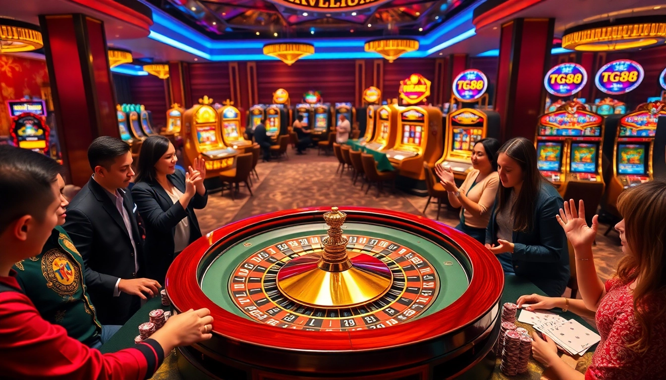 Players enjoying an exciting game at the TG88 branded casino, showcasing vibrant roulette and slot machines.