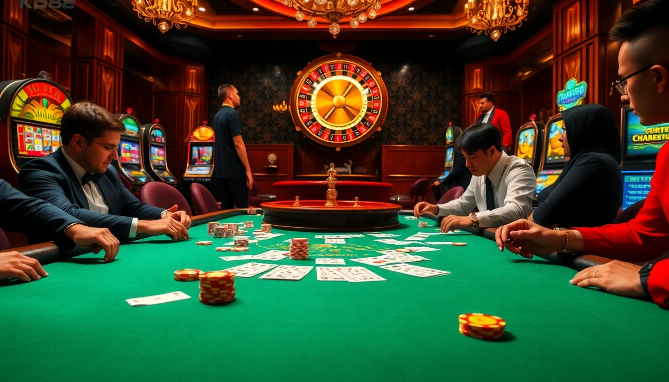 Engage in high-stakes poker at KP88's luxurious casino, featuring vibrant betting action and elegant decor.