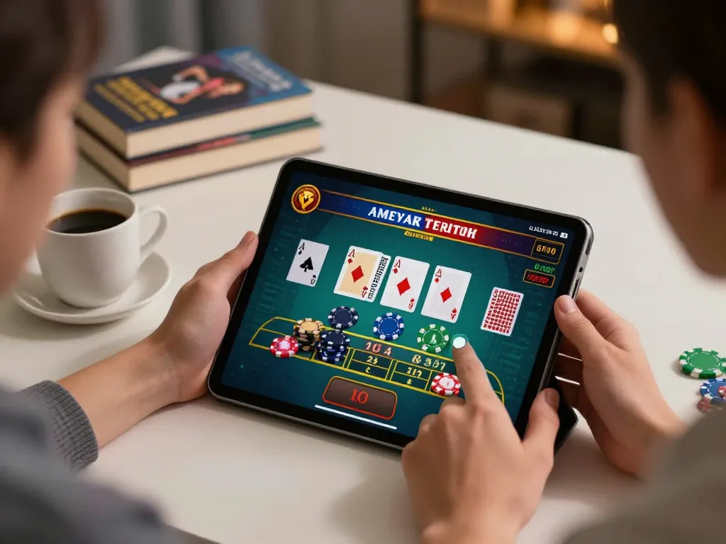 Engaging gameplay at u888 as a player bets on blackjack cards in a cozy home setting.