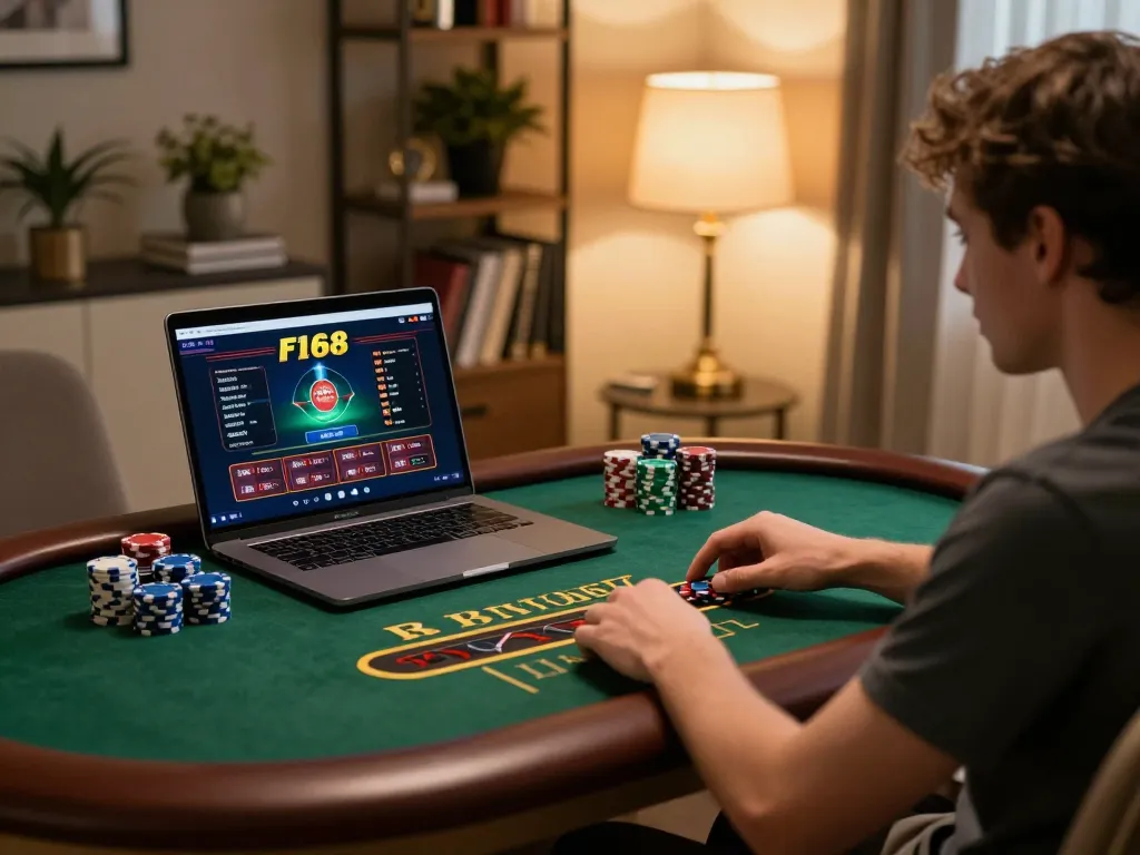 Player engaging with F168 casino online blackjack, showcasing an inviting home setup with chips