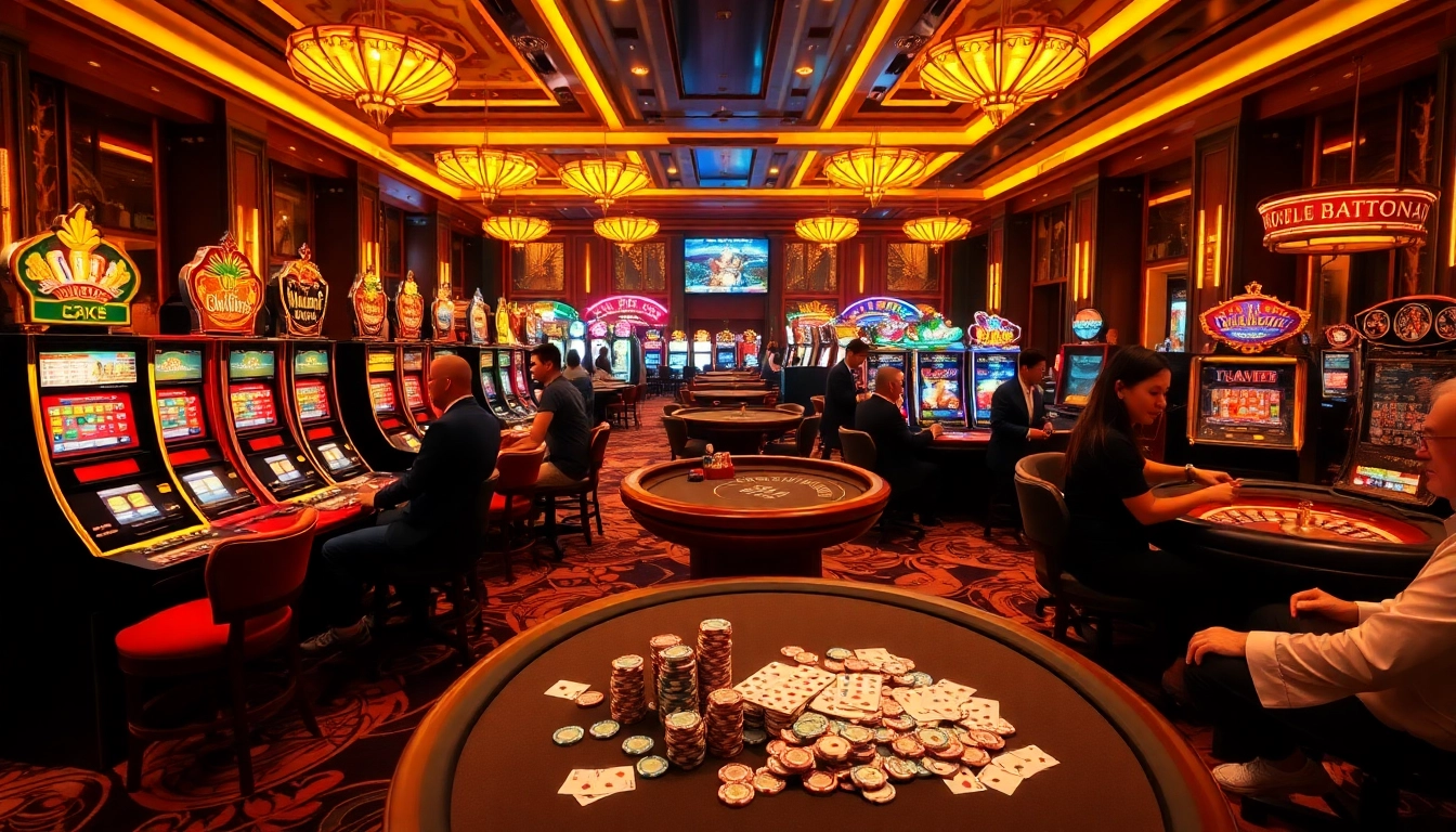 Engaged players enjoying games at Nhà cái uy tín QQ88, with vibrant casino tables and luxurious decor.