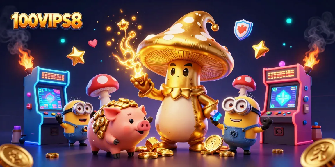 Engage in thrilling gaming at 100VIPS8 with vibrant characters amidst magical casino elements.