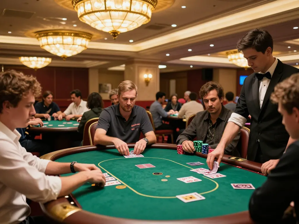 HIT CLUB players engaging at a lively poker table while strategizing their next moves in an upscale casino.