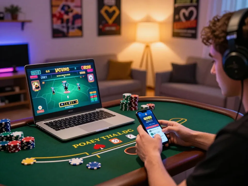 Engaging online gameplay at go88 casino featuring a player participating in blackjack from a cozy home setup.