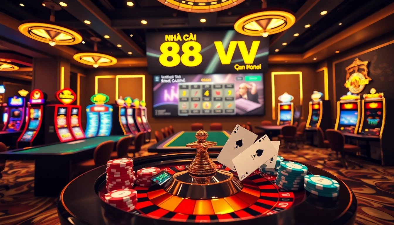 Engaging scene depicting gambling excitement at Nhà cái 88vv with vibrant slot machines and poker chips.