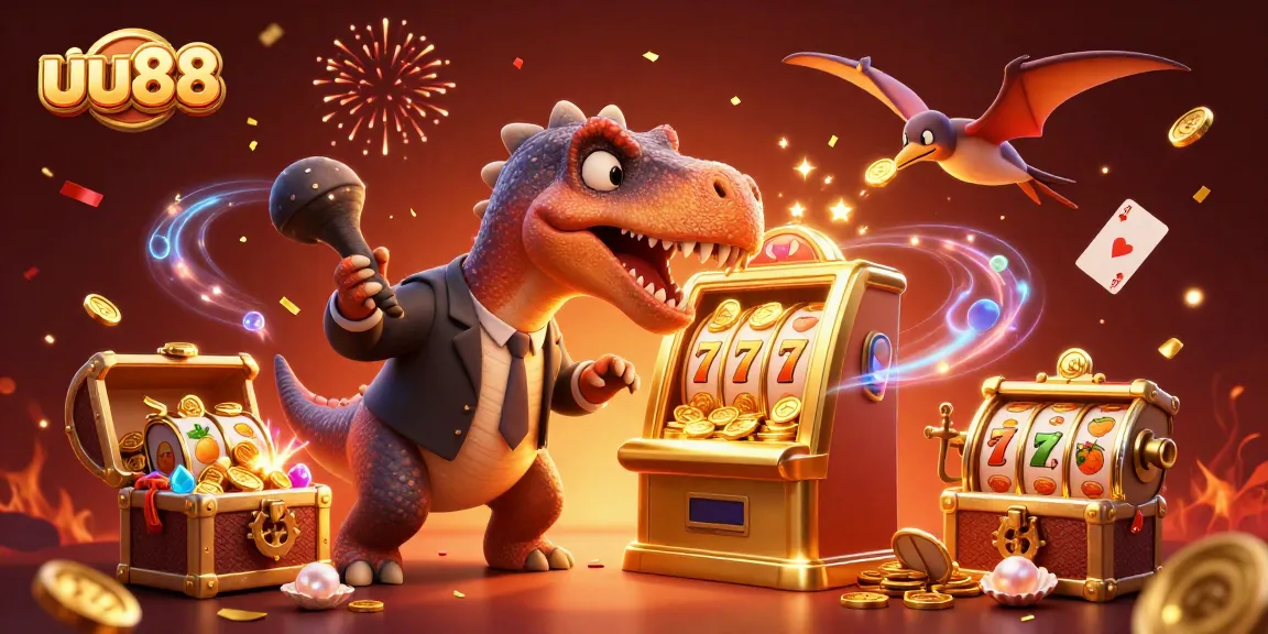 uu88 casino scene with dinosaurs, golden coins, and celebration confetti flowing dynamically
