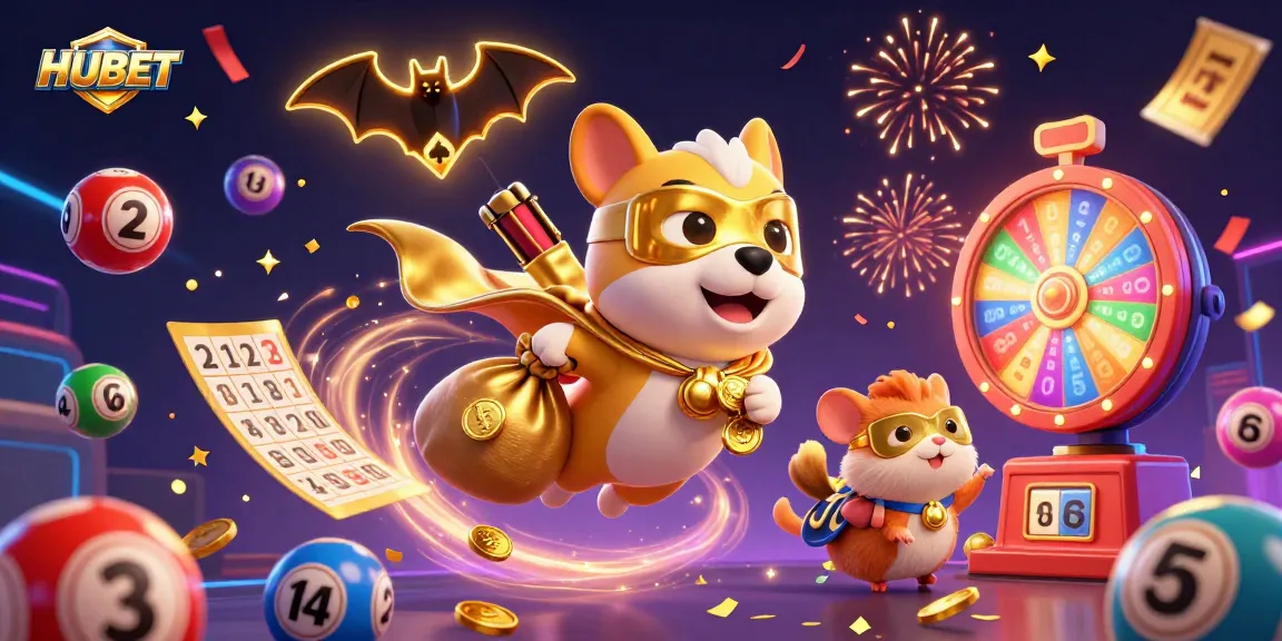 HUBET brings excitement with a superhero dog and hamster celebrating wins amidst colorful lottery and casino elements.