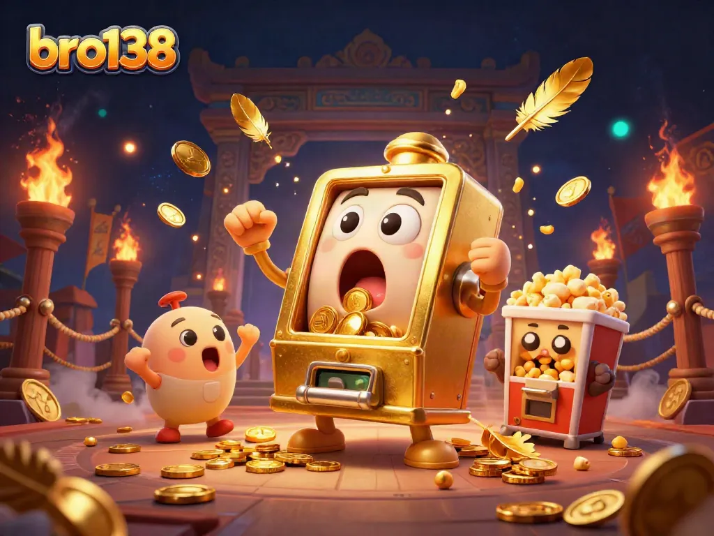 Join the excitement of bro138's jackpot scene with vibrant slot machines and gold coins!