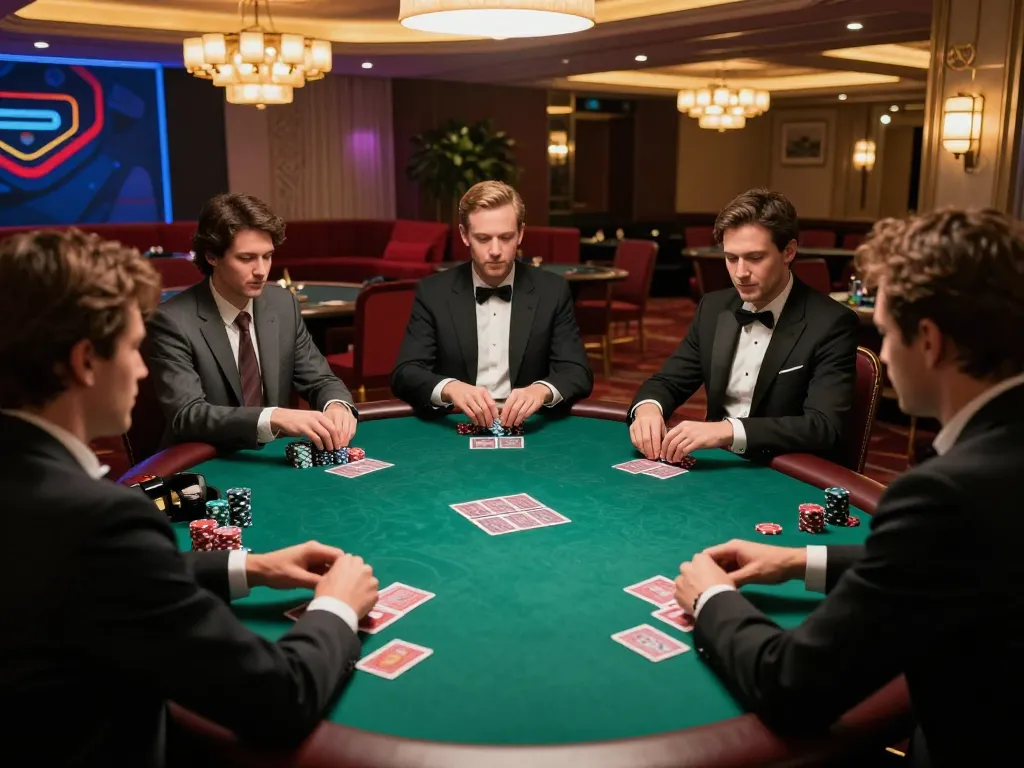 good88a players strategizing during an upscale poker game in a luxurious casino setting