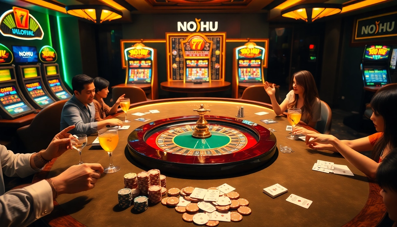 Experience the excitement of gambling at the luxurious NOHU casino table with vibrant slot machines.