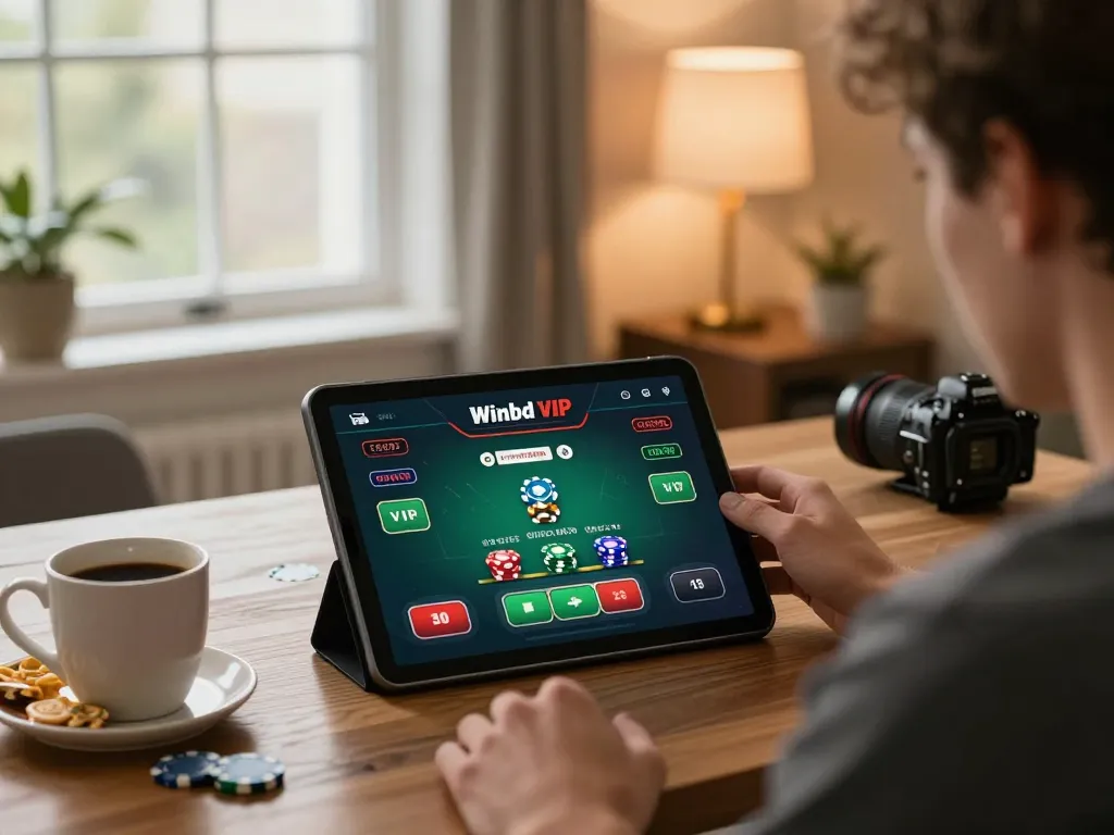 Engage in dynamic online gambling with Winbd VIP using the tablet in a cozy home setup.