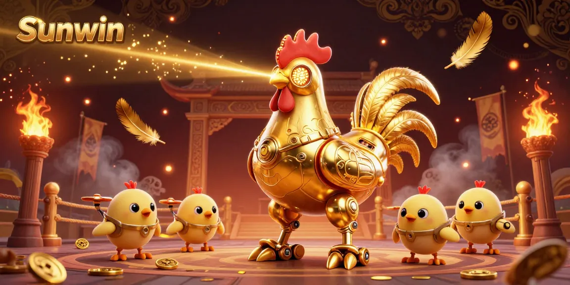 Engage with Sunwin's vibrant casino world featuring a golden rooster robot and chick drones amidst dynamic gambling elements.