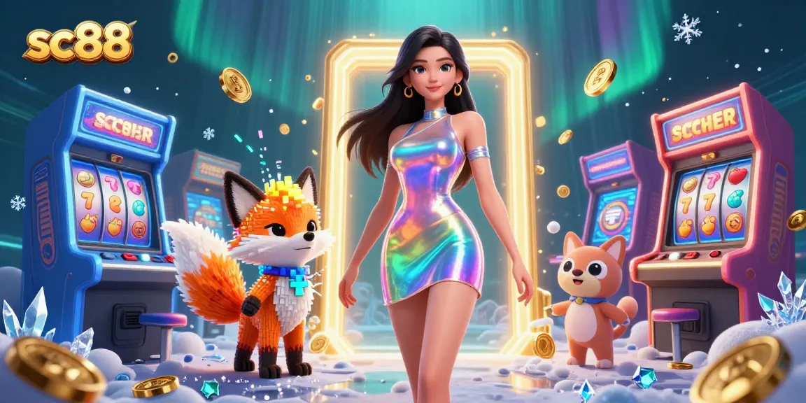 Experience exciting gaming with sc88, a captivating casino scene featuring a dazzling woman and pixel fox.