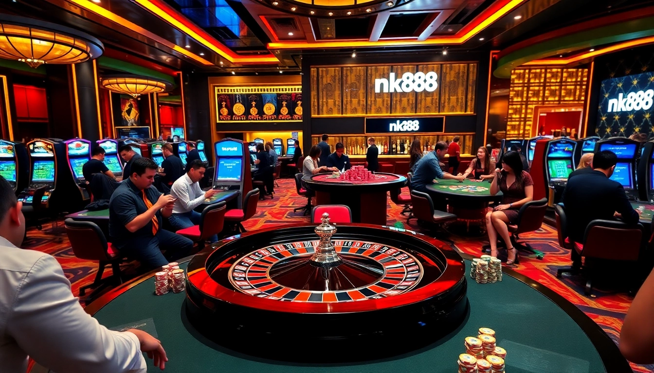 Experience the thrill of nk88 in a luxurious casino setting with roulette and vibrant gaming action.