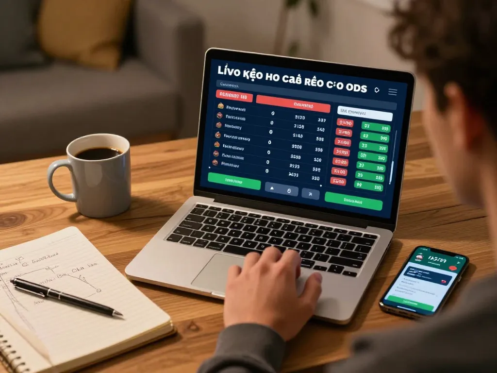 Engaged in online betting with kèo nhà cái displayed on laptop, cozy home atmosphere.