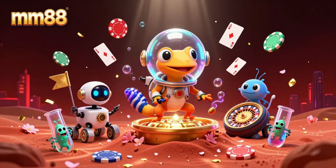mm88 casino illustration showcasing a Martian gecko exploring a golden casino on Mars.