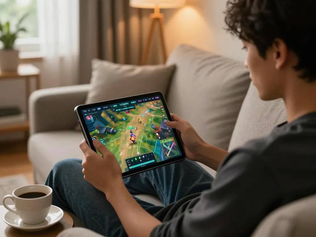 Engaging in Đá gà thomo on a tablet while relaxing at home, showcasing a dynamic online gaming experience.