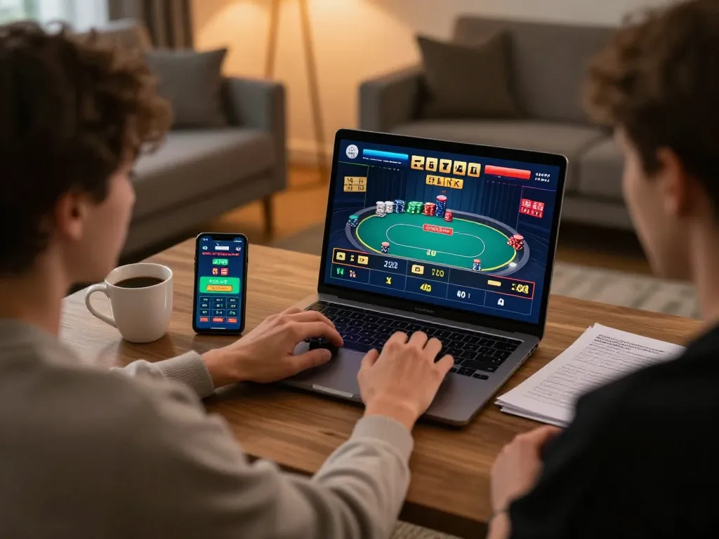 Engaging scene of online casino gaming with sc88bn logo visible on the laptop screen, emphasizing strategic gameplay.