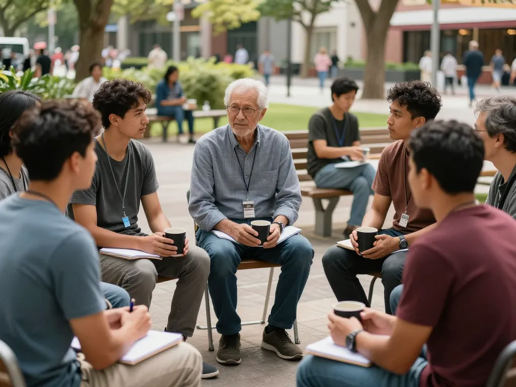A community gathering of men at a manclub, sharing stories and support in a vibrant park setting.