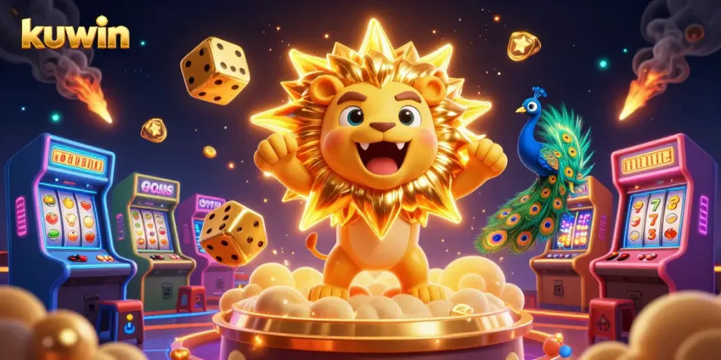 Experience the thrill of kuwin with a vibrant casino-themed 3D illustration showcasing a roaring lion and giant dice.