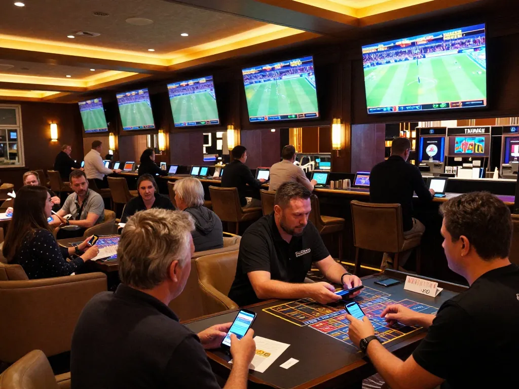 Exciting scene of patrons placing bets at va88 sports betting lounge with live events screens