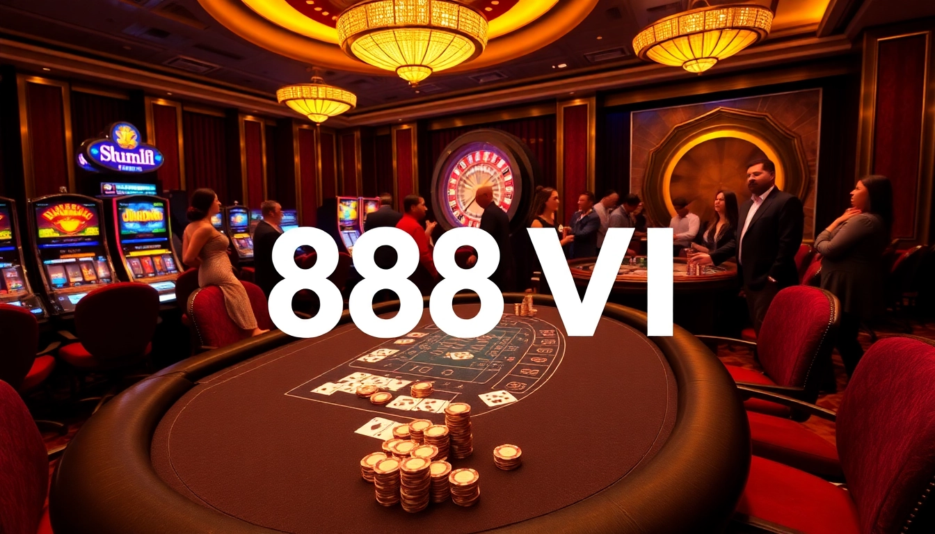 Experience 888VI's thrilling casino atmosphere with poker chips, cards, and a roulette wheel.