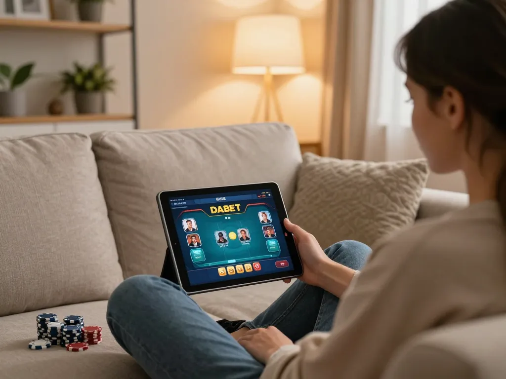 DABET players using tablet for poker, showcasing engaging online gaming experience.
