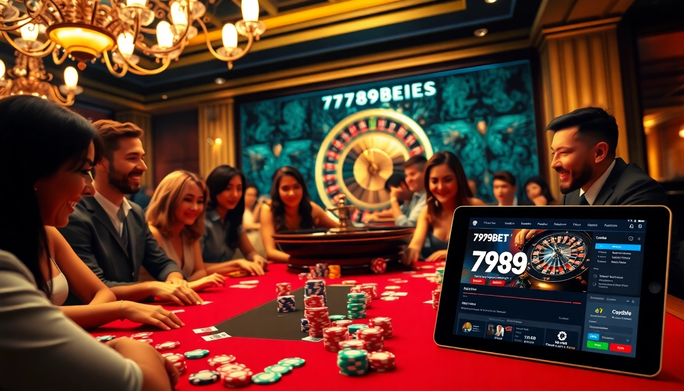 Experience excitement at a 789BET casino table with vibrant poker chips and players enjoying the game.