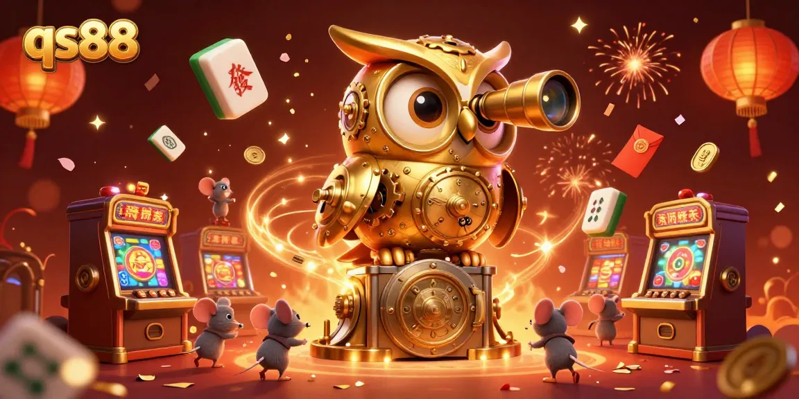 Join the excitement at qs88 with a lively casino scene featuring a golden owl and bustling patrons.