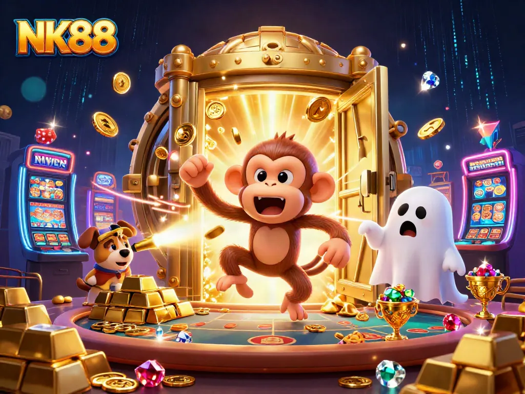 NK88 showcases thrilling casino gaming with a lively ghost-hunter puppy tracking a mischievous monkey.