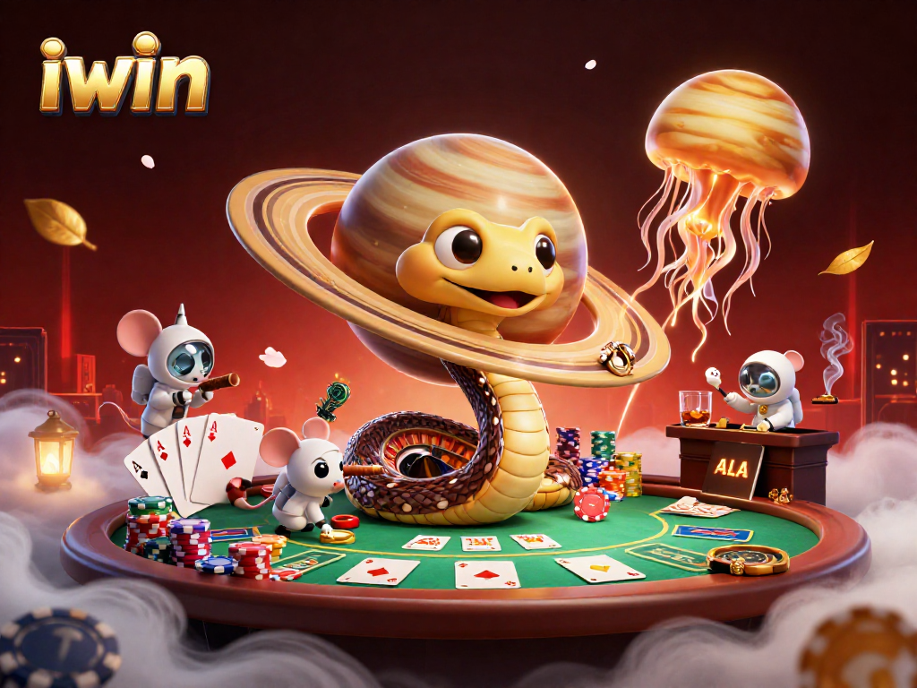 Bet on exciting iwin casino games with a vibrant 3D scene featuring a snake, jellyfish, and astronaut mice.