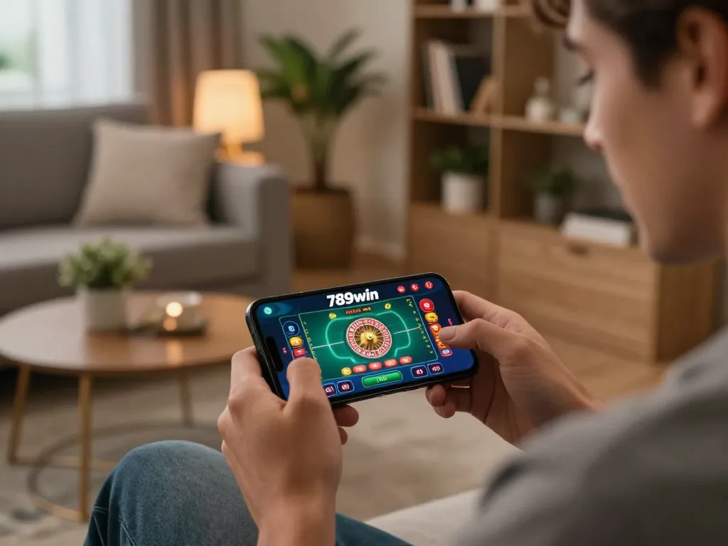Experience the excitement of 789win with a player enjoying a roulette game on a smartphone in a cozy living room.