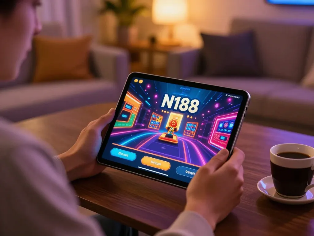N188 online casino player engaged in strategy gameplay on tablet in a cozy home setup