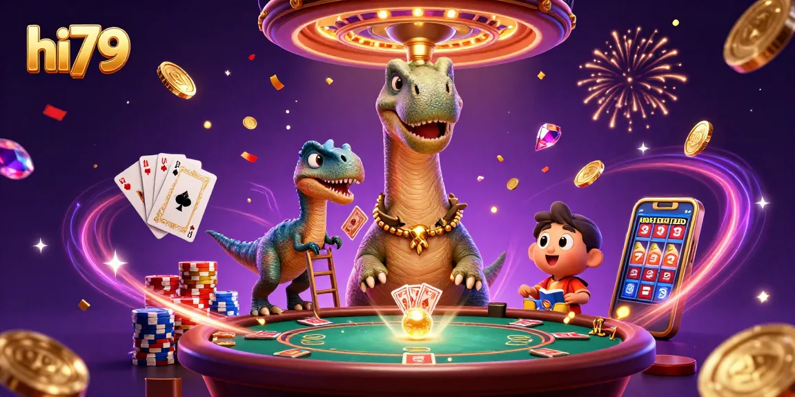 hi79 illustrates a whimsical casino scene with a dinosaur dealer and vibrant gaming elements.
