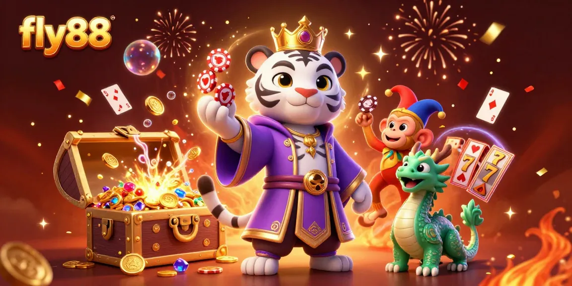 Experience casino adventures with fly88, featuring a white tiger, a jester monkey, and dynamic gaming elements.