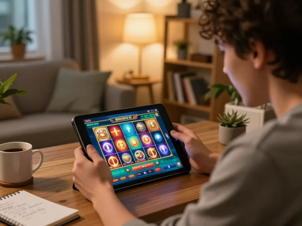 Terlibat dalam permainan slot online yang mendebarkan dari rumah, menampilkan tablet permainan interaktif.