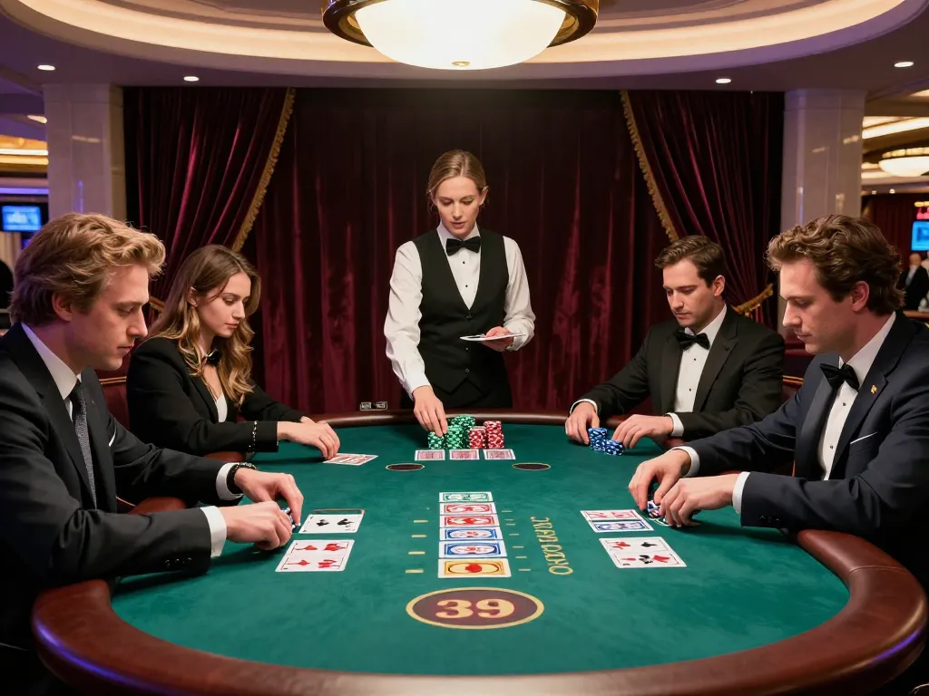 Players engaging in high-stakes blackjack at an exclusive MM88 table in a luxurious casino