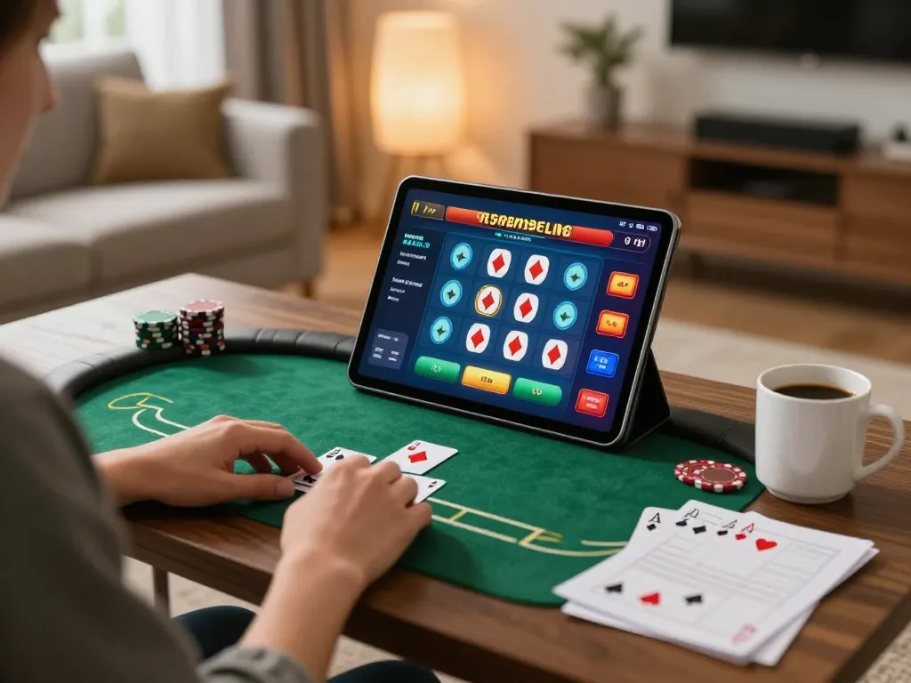 Engaging in online poker gaming at home with tr88 on tablet showcasing betting and strategies