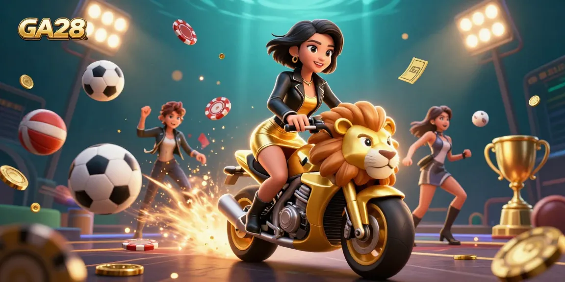 Engage in thrilling action at GA28 with a dynamic scene of an Asian woman on a golden lion mascot amidst sparkling casino elements.